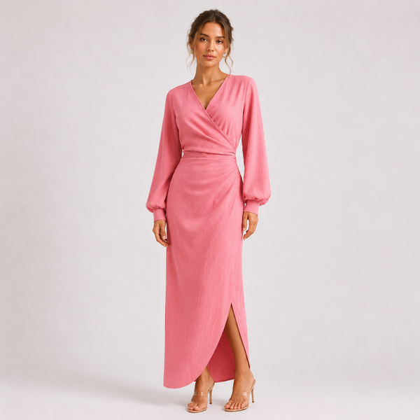 Held | Pink Draped V Neck Wrap Maxi Dress