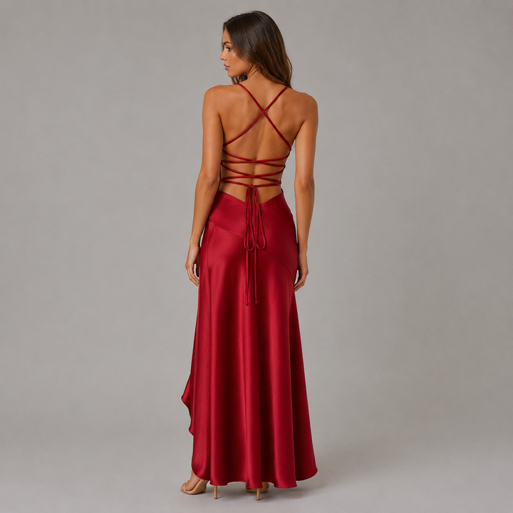 Crush | Red Satin High Low Ruffle Cowl Neck Maxi Dress