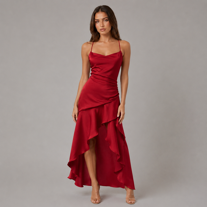 Crush | Red Satin High Low Ruffle Cowl Neck Maxi Dress