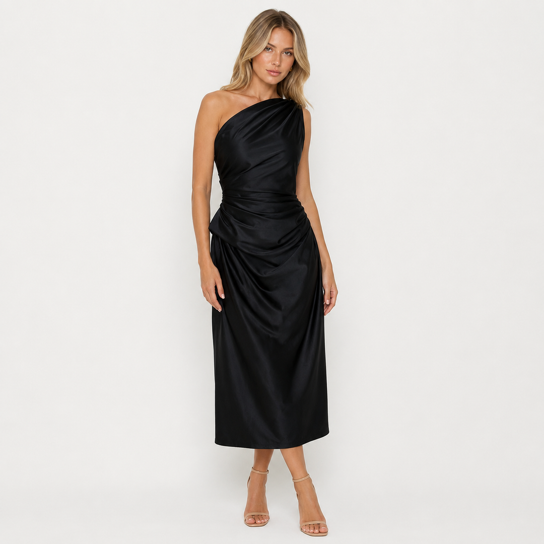 Calm | Black Satin One Shoulder Ruched Midi Dress