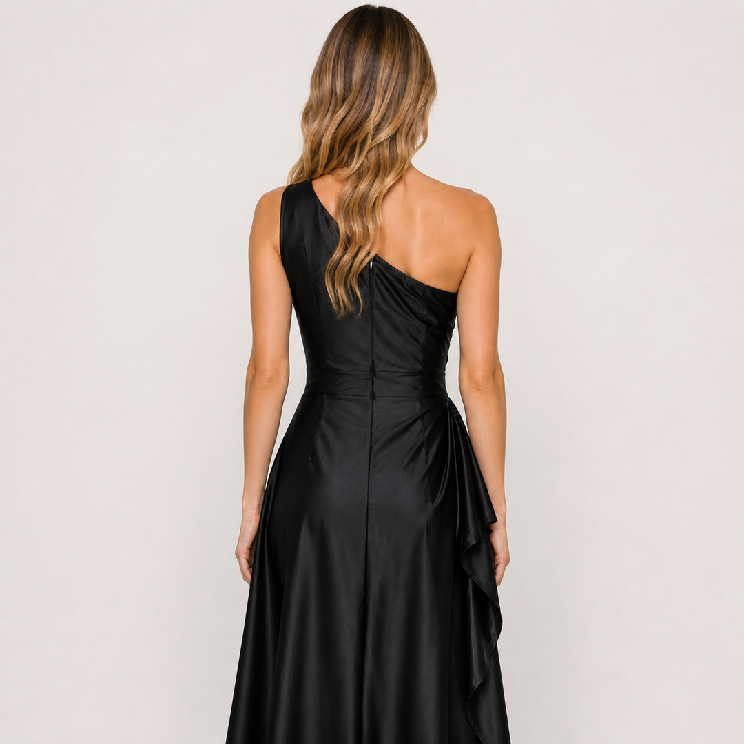 Calm | Black Satin One Shoulder Ruched Midi Dress