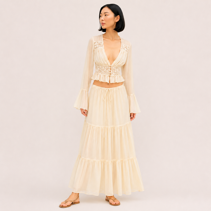 Draw | Cream Lace Cardigan Top and Tiered Maxi Skirt Set