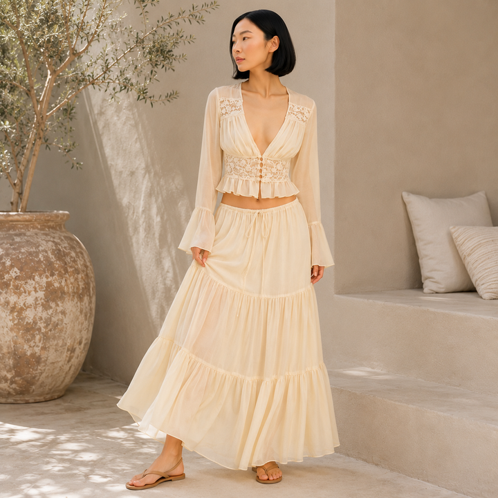 Draw | Cream Lace Cardigan Top and Tiered Maxi Skirt Set
