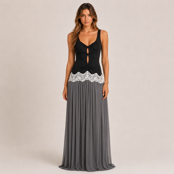 Amour | Black Lace Trim Contrast Maxi Dress