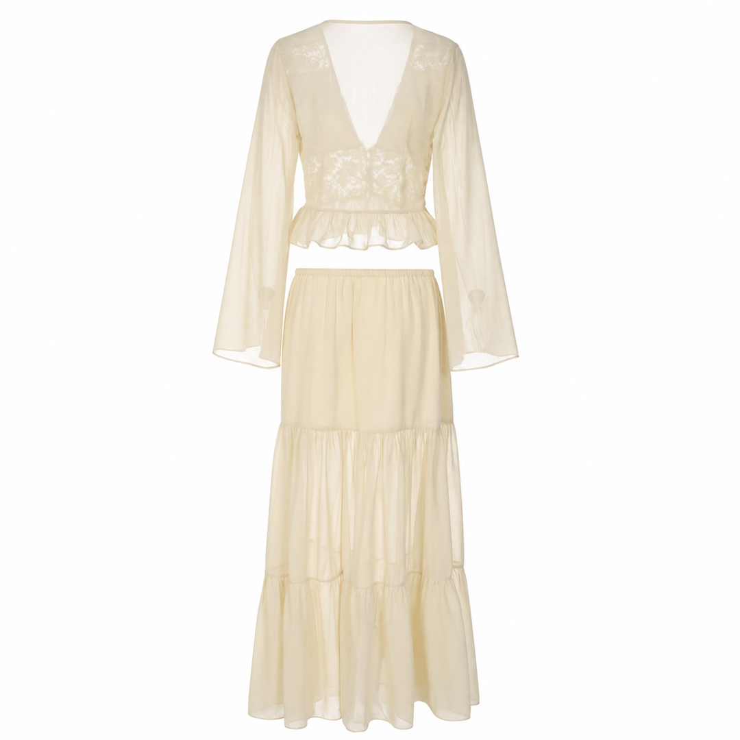 Draw | Cream Lace Cardigan Top and Tiered Maxi Skirt Set