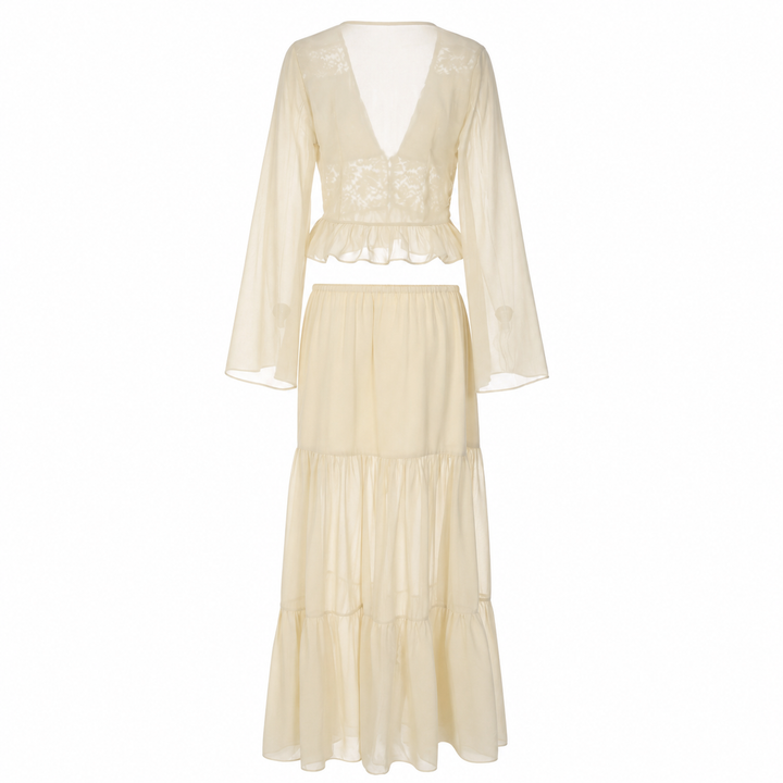 Draw | Cream Lace Cardigan Top and Tiered Maxi Skirt Set