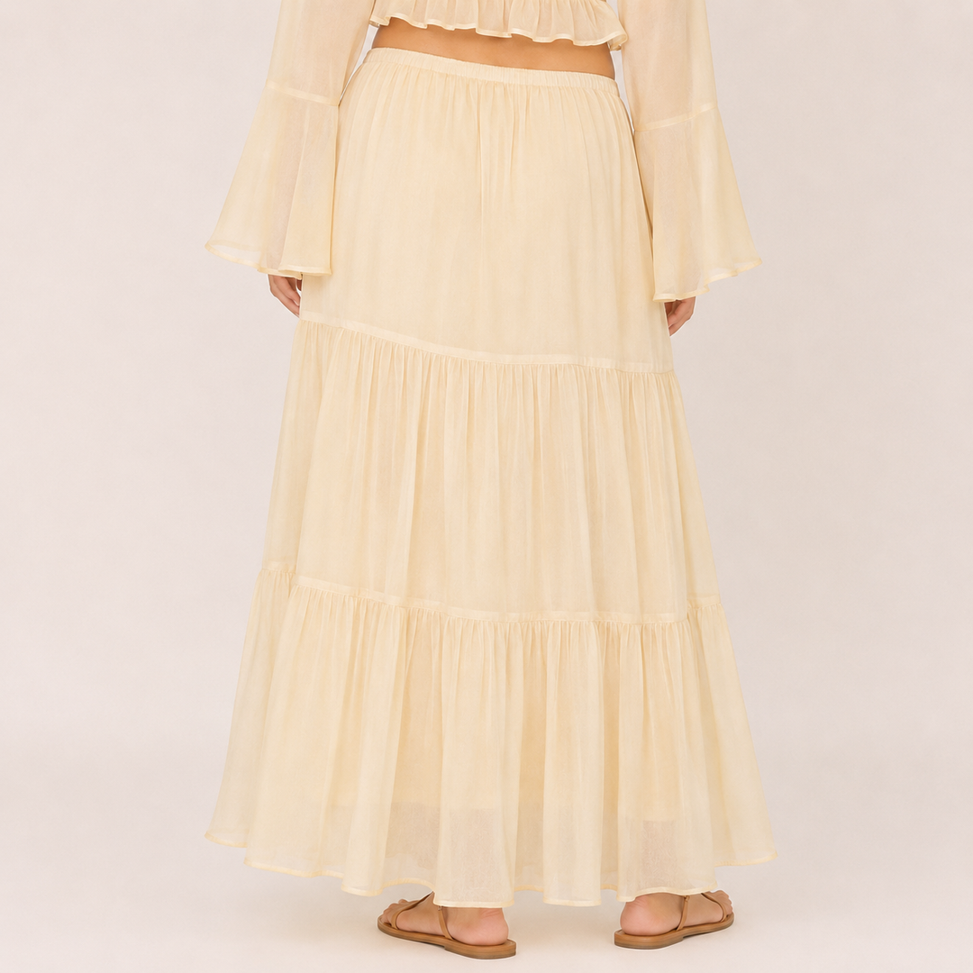 Draw | Cream Lace Cardigan Top and Tiered Maxi Skirt Set