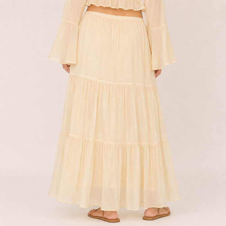 Draw | Cream Lace Cardigan Top and Tiered Maxi Skirt Set