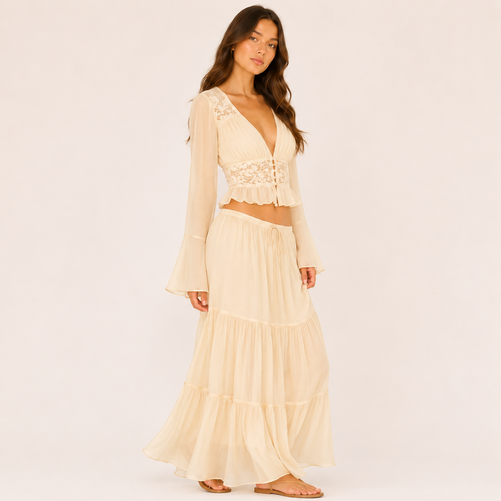 Draw | Cream Lace Cardigan Top and Tiered Maxi Skirt Set