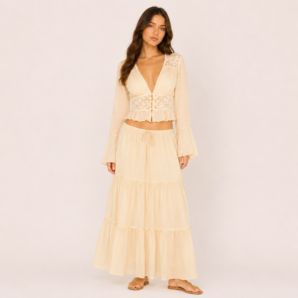 Draw | Cream Lace Cardigan Top and Tiered Maxi Skirt Set