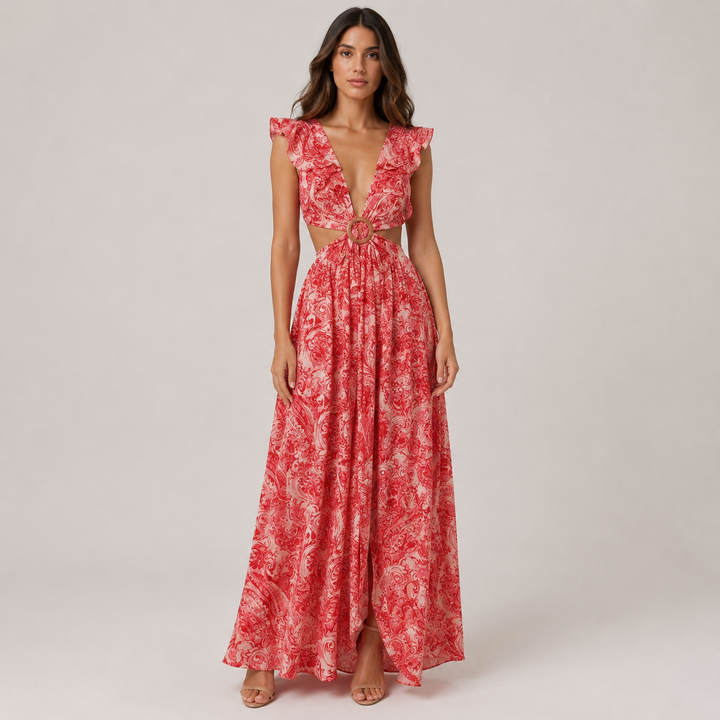 Echo | Red Paisley Print Ruffle Sleeve Maxi Dress