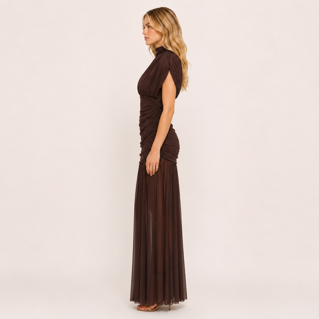 Cling | Brown Ruched Mesh Illusion Maxi Dress