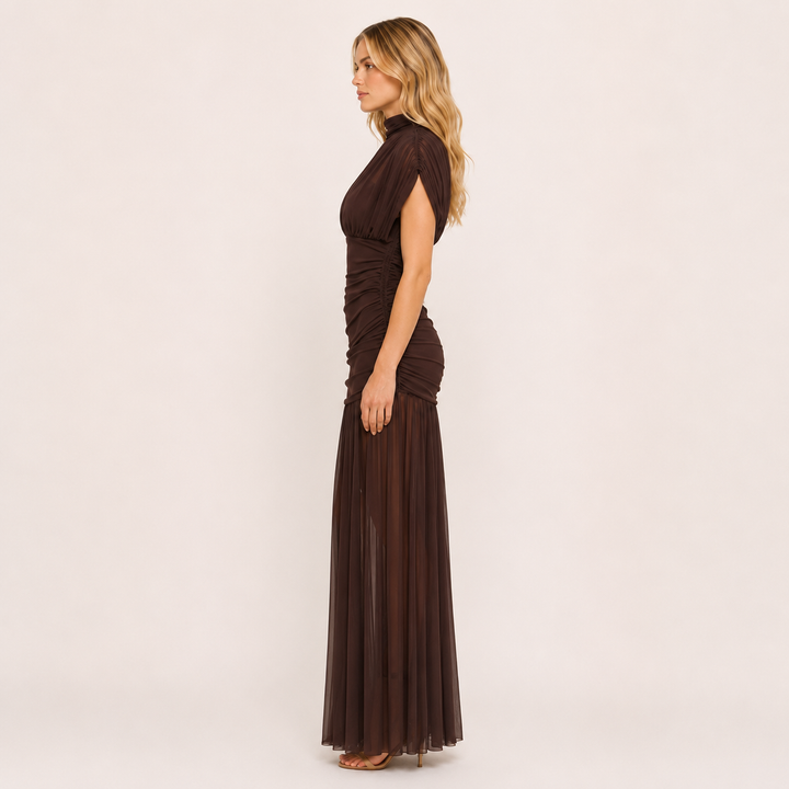 Cling | Brown Ruched Mesh Illusion Maxi Dress