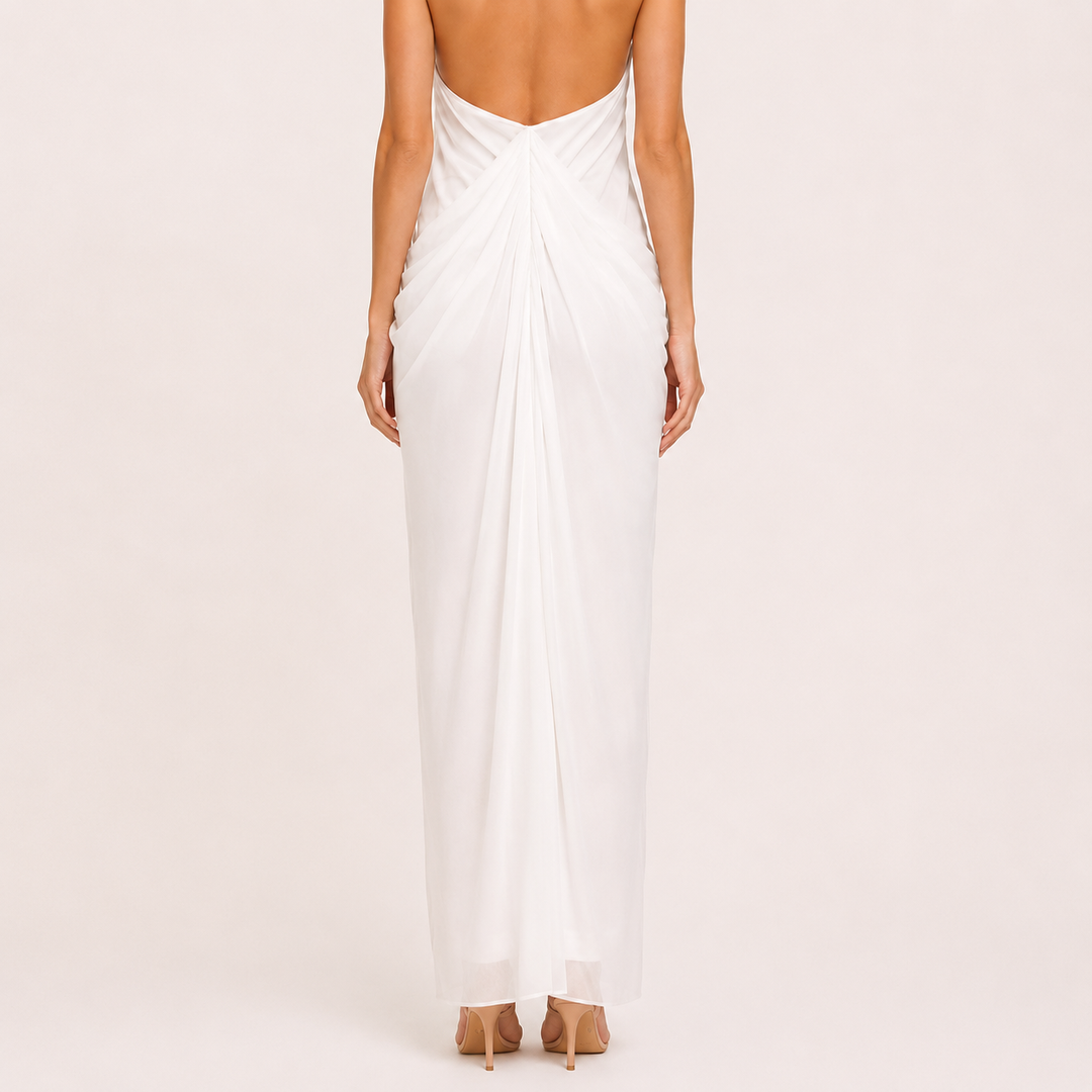 Time | White Halter Draped Backless Maxi Dress