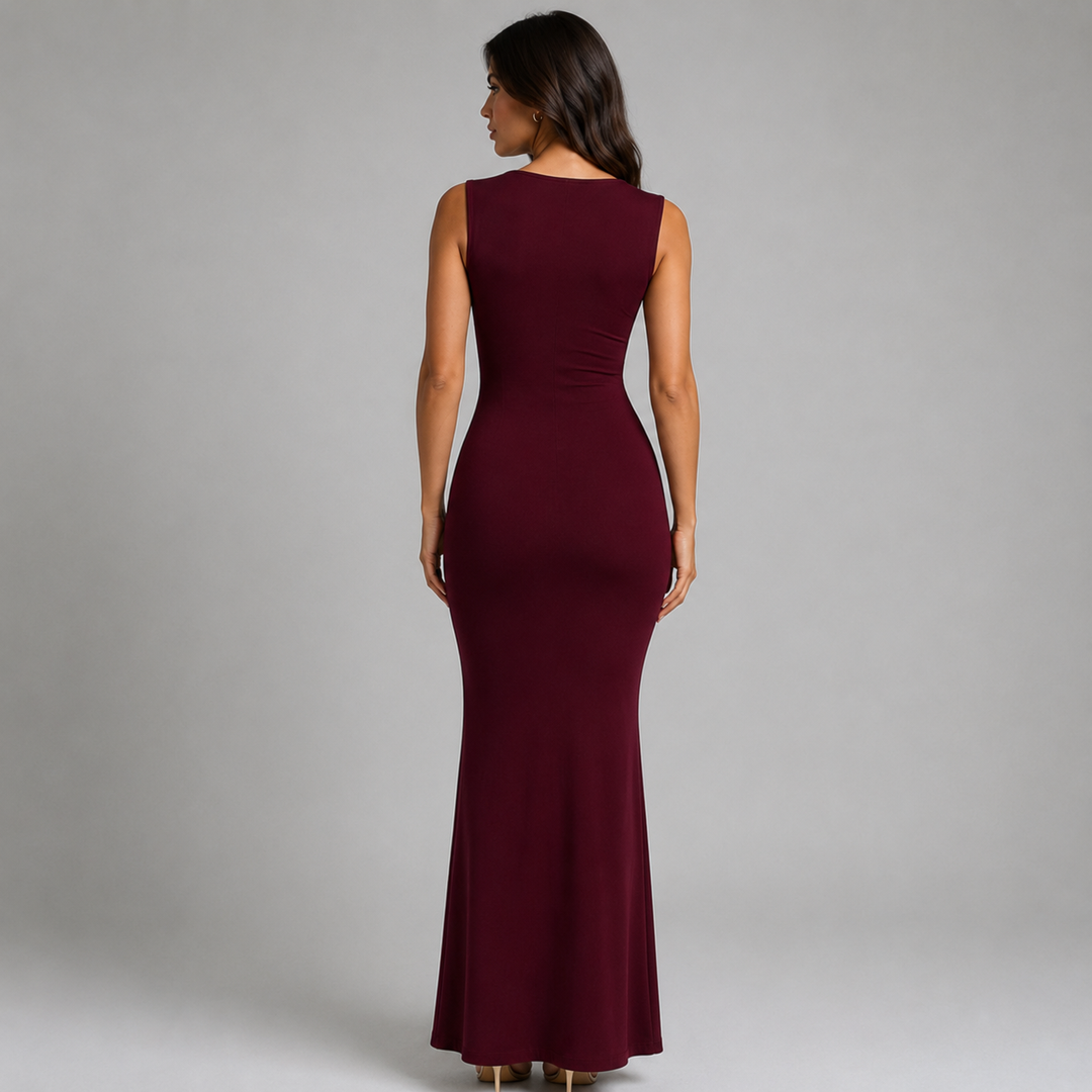 Frame | Burgundy Square Neck Pleated Bust Maxi Dress