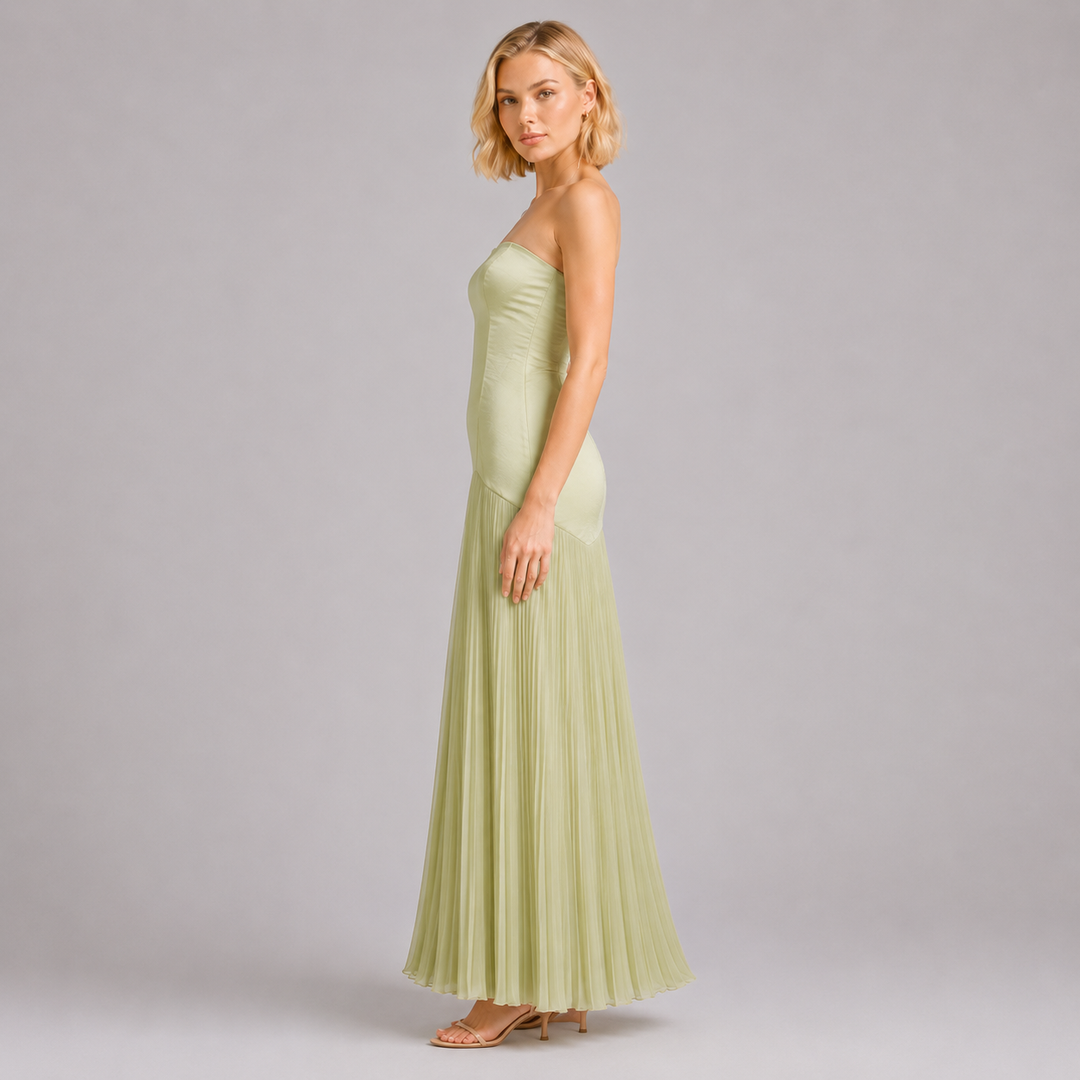 Flute | Sage Green Strapless Pleated Formal Maxi Dress