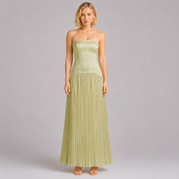 Flute | Sage Green Strapless Pleated Formal Maxi Dress
