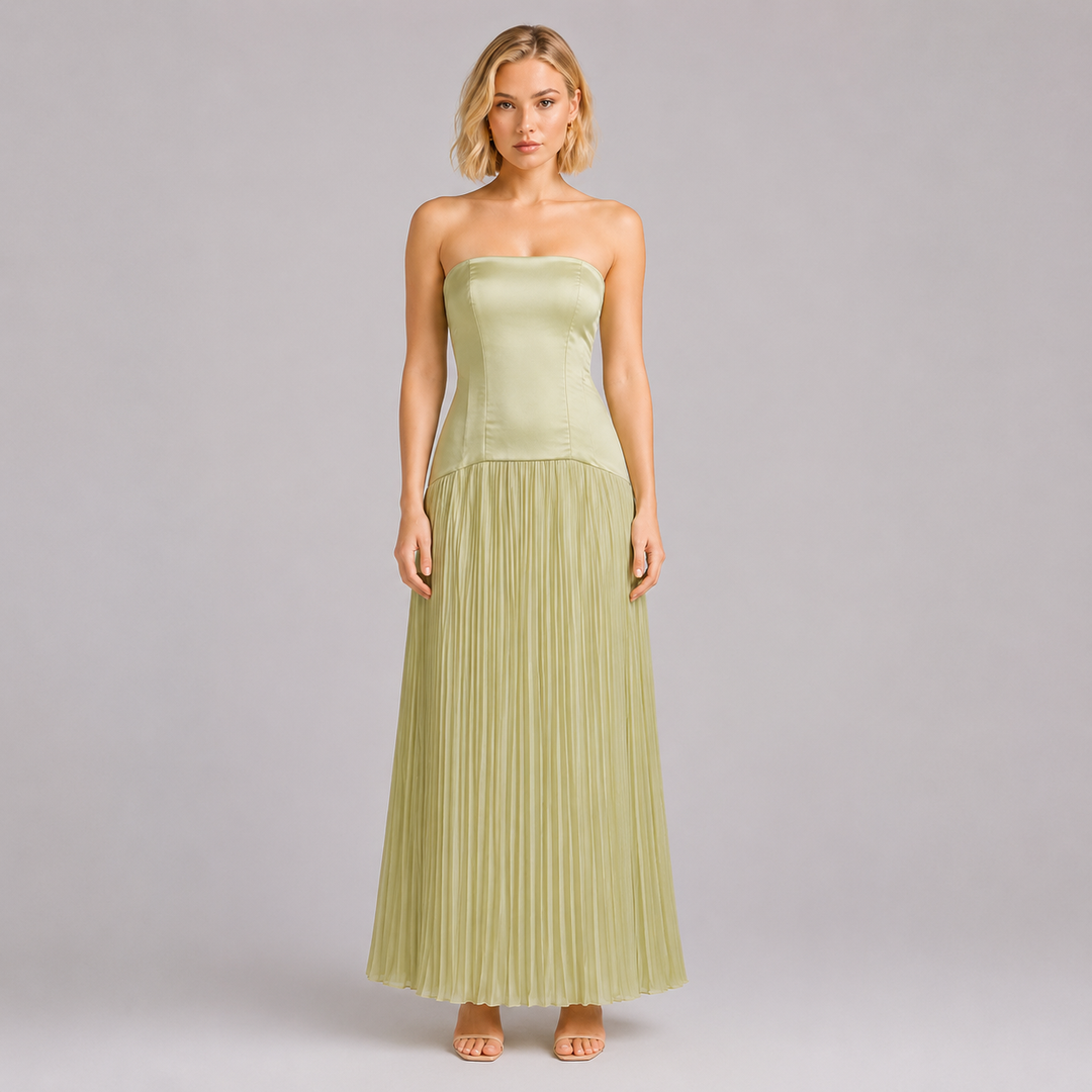Flute | Sage Green Strapless Pleated Formal Maxi Dress