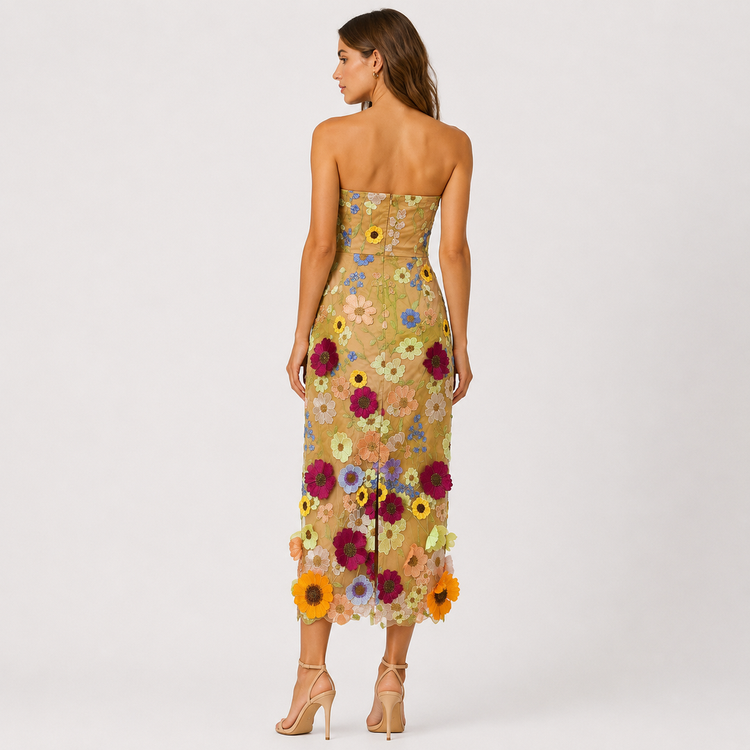 Eve | Floral Embroidered Strapless Midi Dress