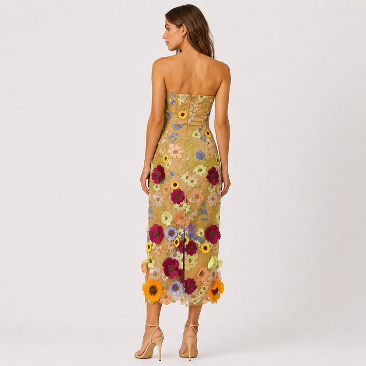 Eve | Floral Embroidered Strapless Midi Dress