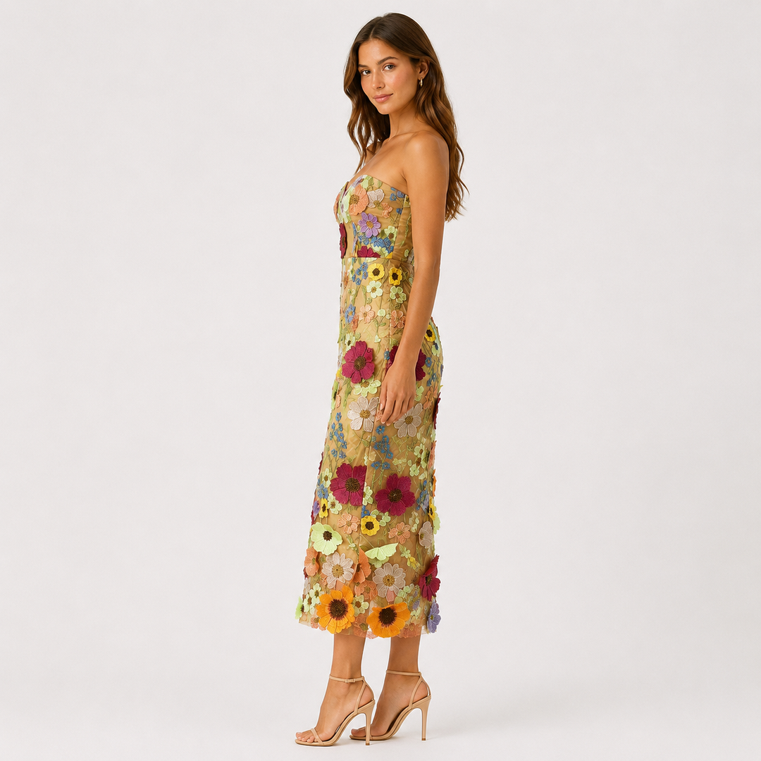 Eve | Floral Embroidered Strapless Midi Dress