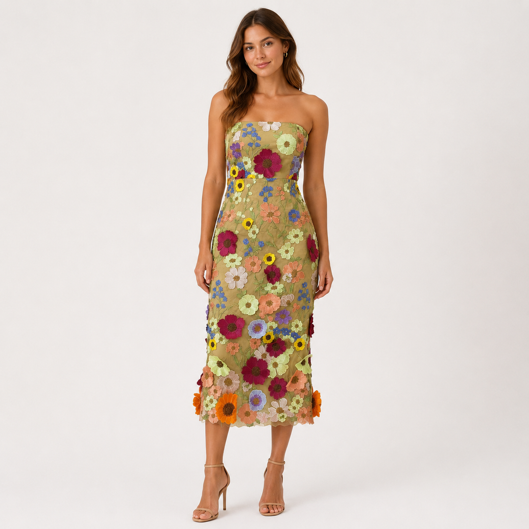 Eve | Floral Embroidered Strapless Midi Dress