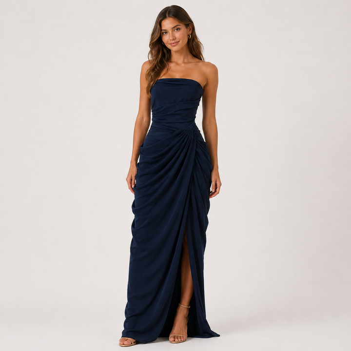 Ink | Navy Strapless Draped Slit Maxi Dress