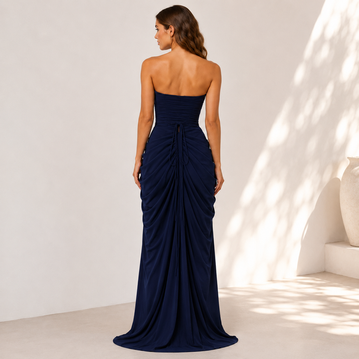Ink | Navy Strapless Draped Slit Maxi Dress