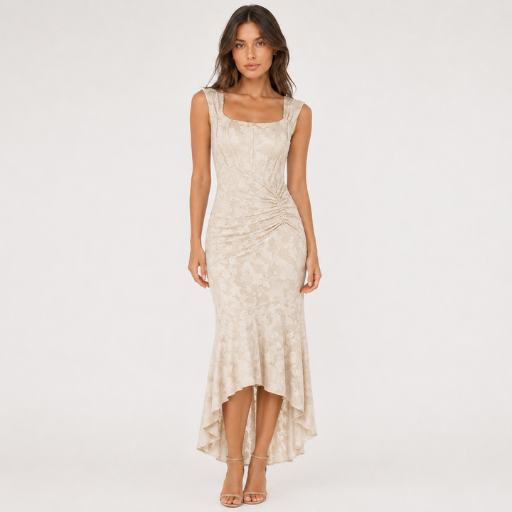 Faint | Cream Lace Square Neck Asymmetric Maxi Dress