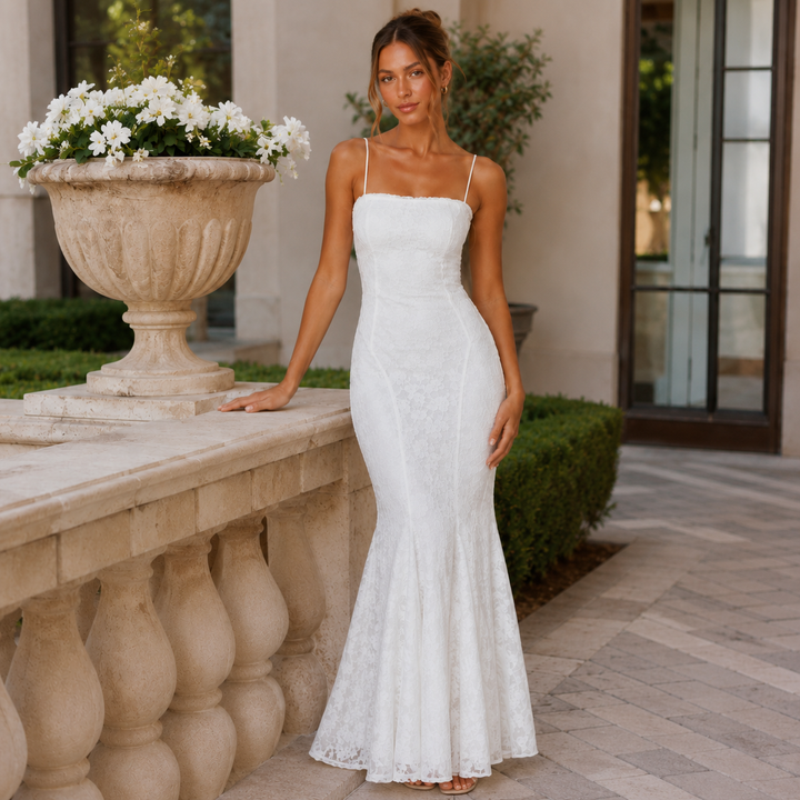 Faith | White Lace Up Back Mermaid Maxi Dress