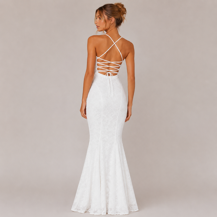 Faith | White Lace Up Back Mermaid Maxi Dress