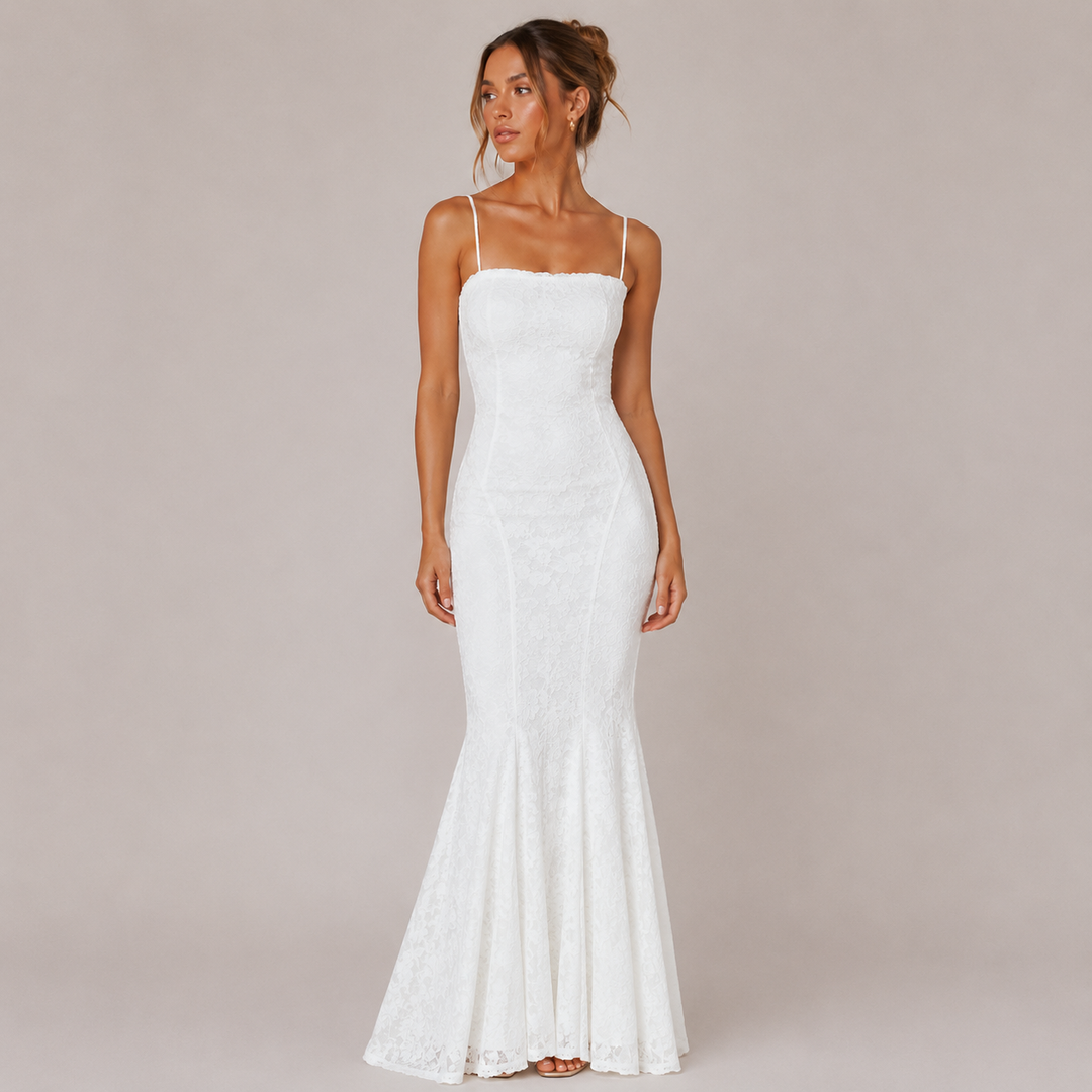 Faith | White Lace Up Back Mermaid Maxi Dress
