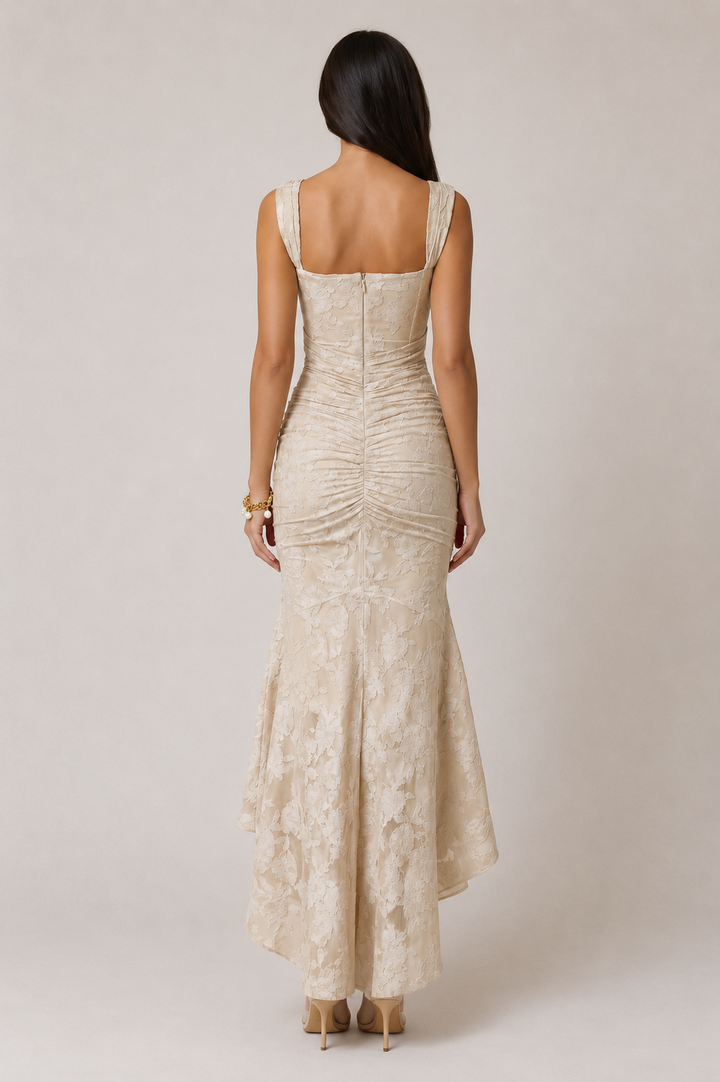 Faint | Cream Lace Square Neck Asymmetric Maxi Dress