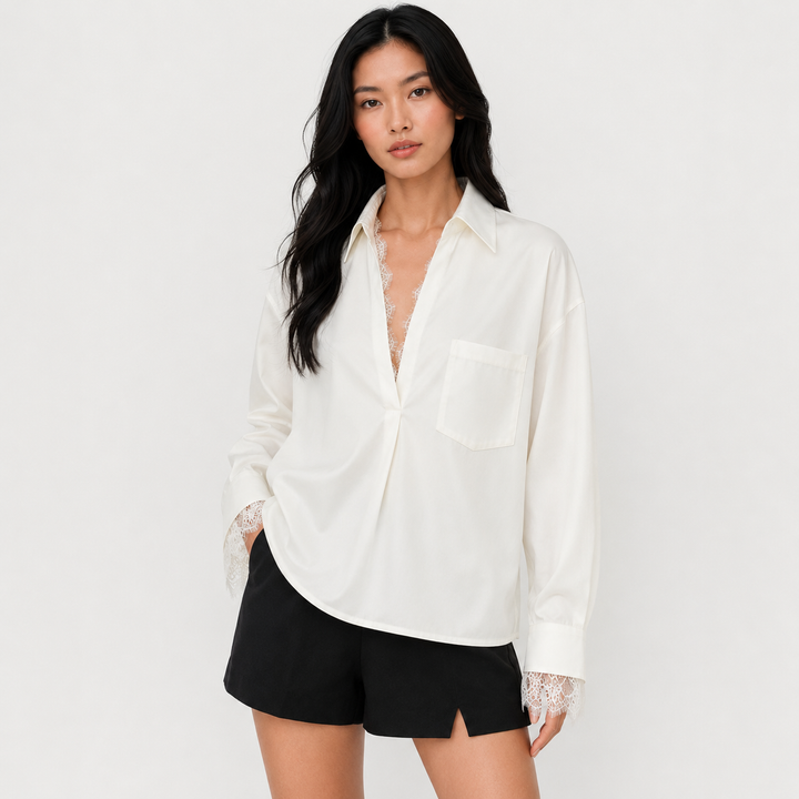 Brush | White Oversized V Neck Lace Trim Shirt