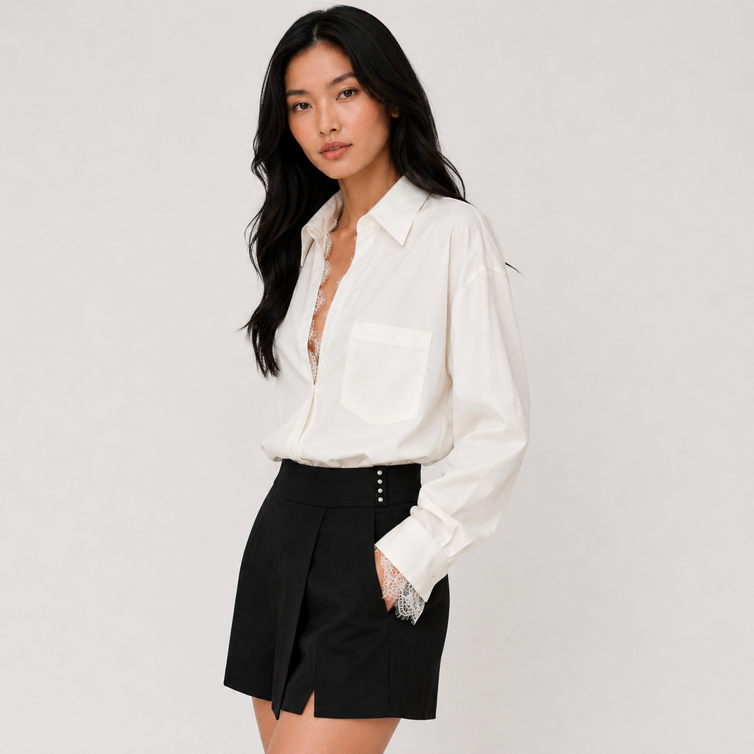Brush | White Oversized V Neck Lace Trim Shirt