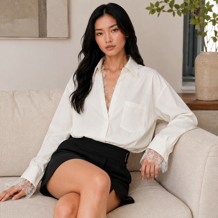 Brush | White Oversized V Neck Lace Trim Shirt