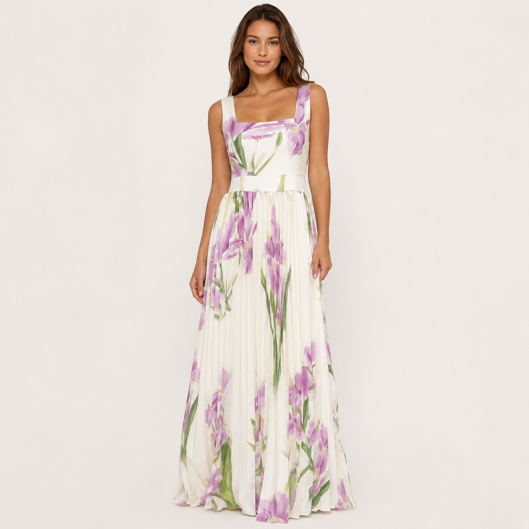 Women's White Floral Maxi Dress Square Neck Pleated Sleeveless A-Line Garden Summer Party Wedding Guest, White / XS