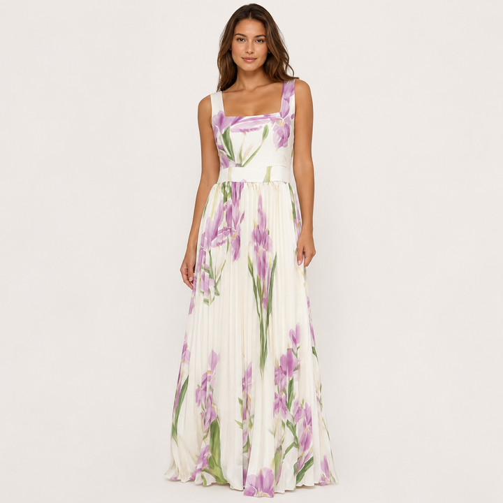 Wish | White Floral Square Neck Pleated Maxi Dress