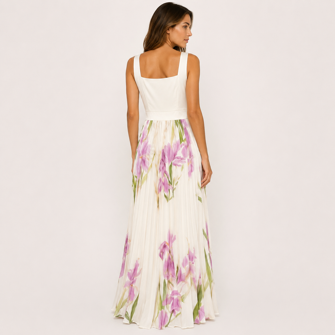 Wish | White Floral Square Neck Pleated Maxi Dress