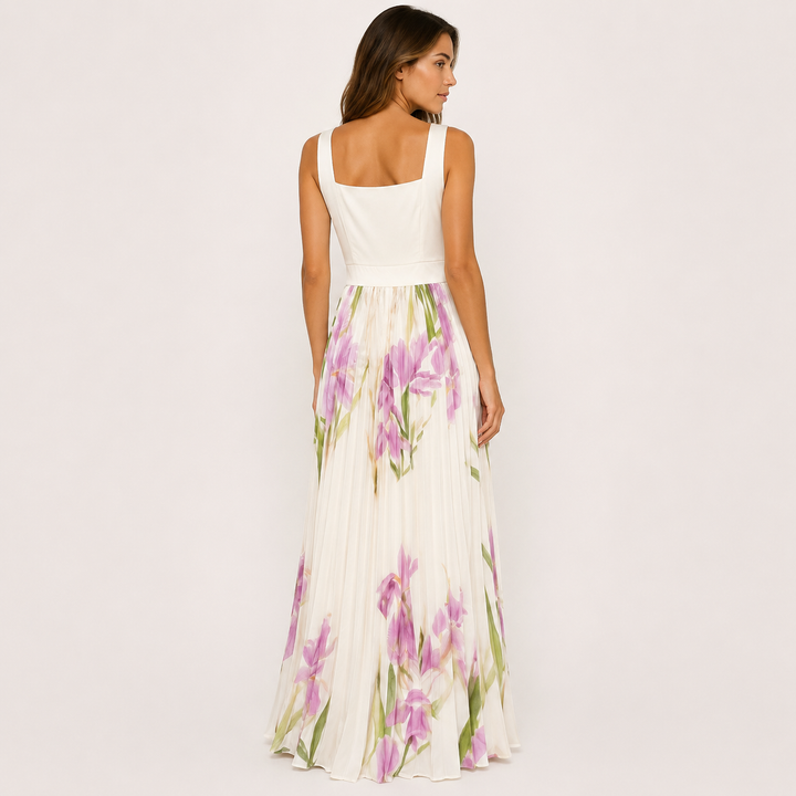 Wish | White Floral Square Neck Pleated Maxi Dress