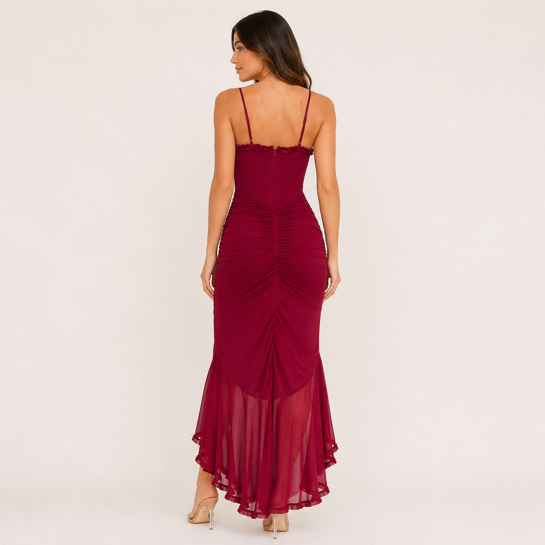 Dance | Burgundy Ruched Ruffle Maxi Dress