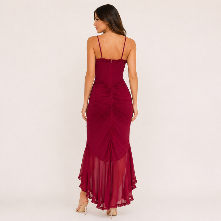 Dance | Burgundy Ruched Ruffle Maxi Dress