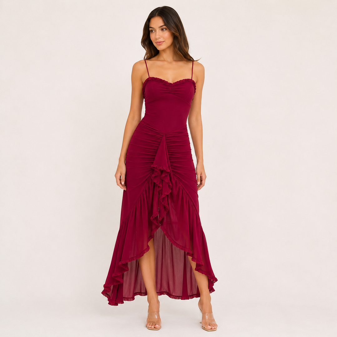 Dance | Burgundy Ruched Ruffle Maxi Dress