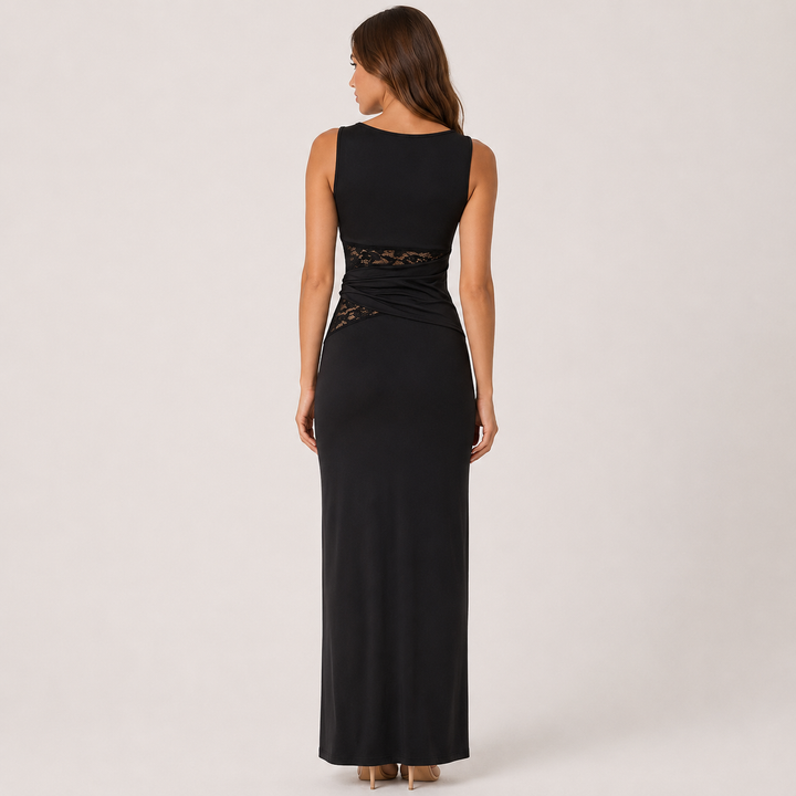 Seam | Black Lace Waist Twisted Jersey Maxi Dress