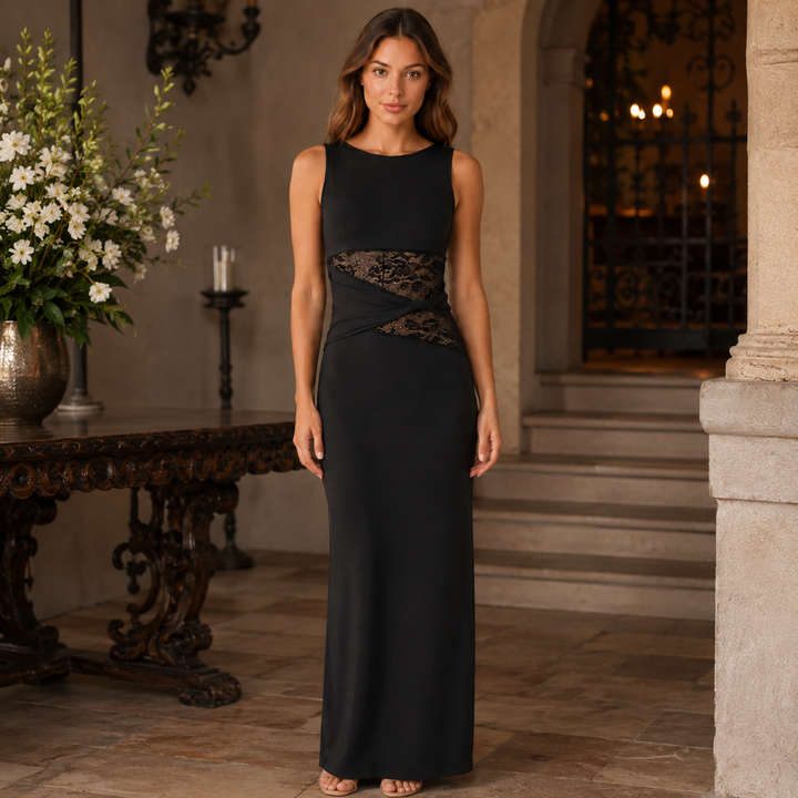 Seam | Black Lace Waist Twisted Jersey Maxi Dress