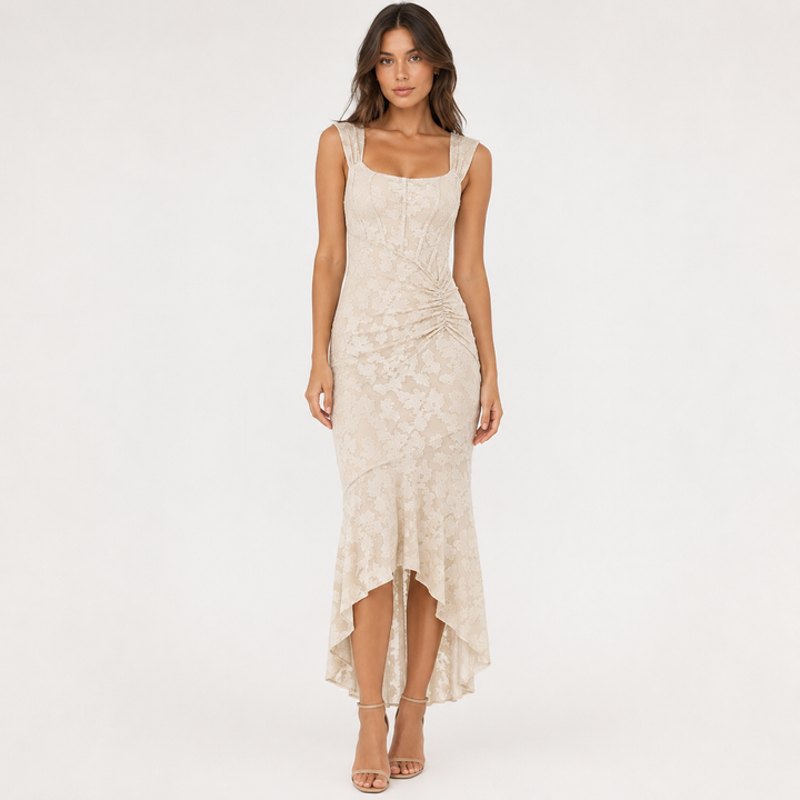 Faint | Cream Lace Square Neck Asymmetric Maxi Dress