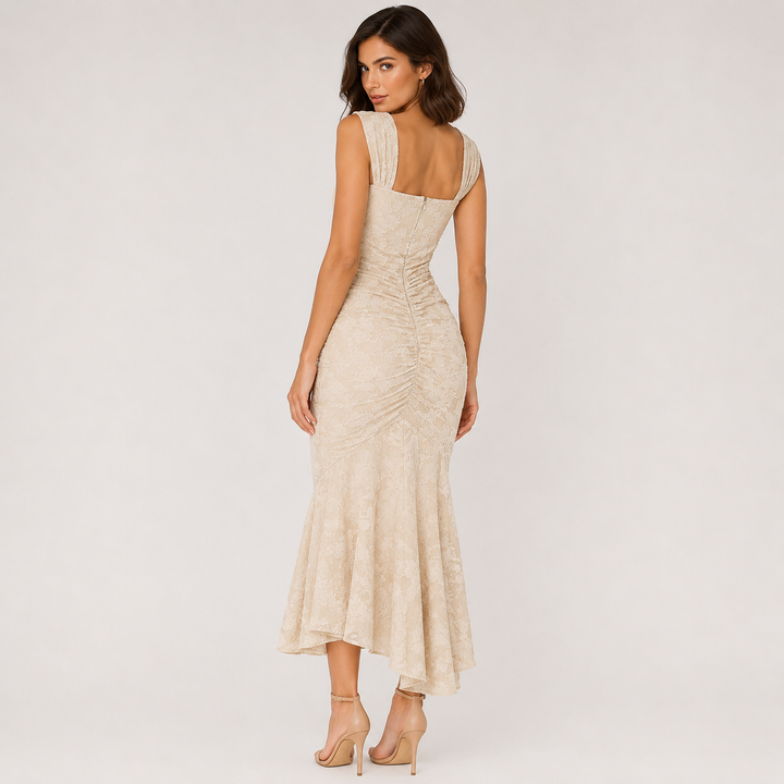 Faint | Cream Lace Square Neck Asymmetric Maxi Dress
