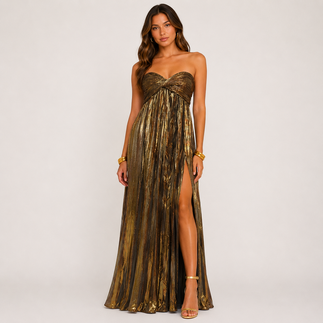 Verge | Gold Metallic Pleated Twist Front Maxi Dress