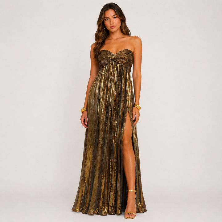 Verge | Gold Metallic Pleated Twist Front Maxi Dress