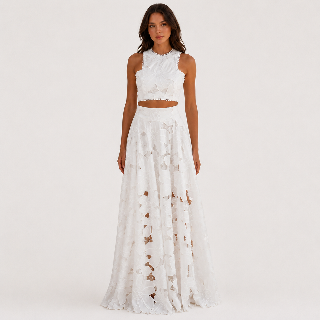 Blush | White Floral Lace Two Piece Maxi Skirt Set